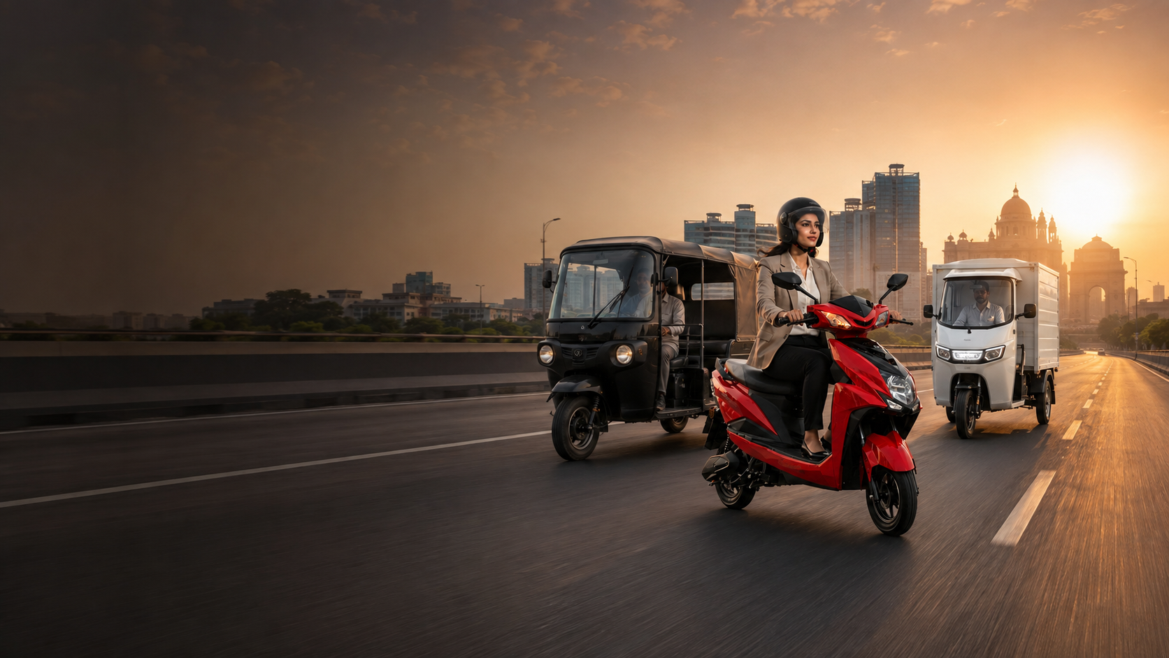 NXTE electric scooter, passenger e-rickshaw and cargo EV on an Indian road