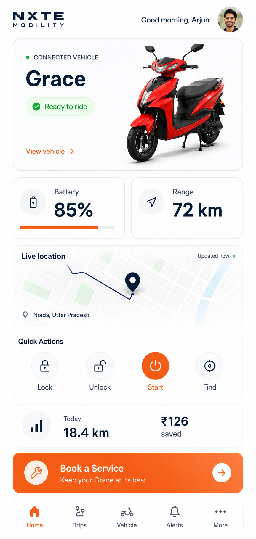 NXTE mobile app screen for connected vehicle controls